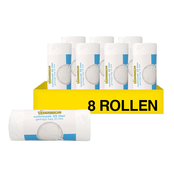 Aanbieding: 8x Vuilniszakken 35 liter | 50 stuks | HDPE | Wit | 123schoon huismerk SDR09134 - 1