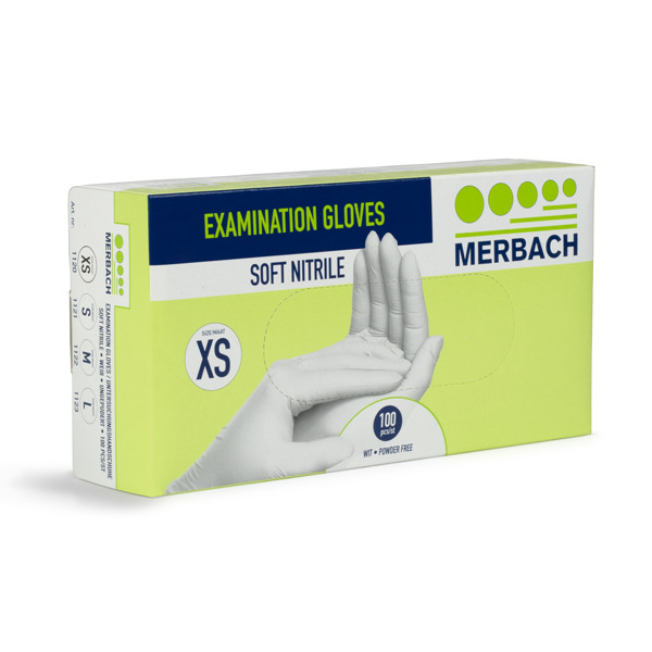 Dosering Clam schade Soft-nitril handschoen maat XS poedervrij (Merbach, wit, 100 stuks)  Altairmed 123schoon.nl