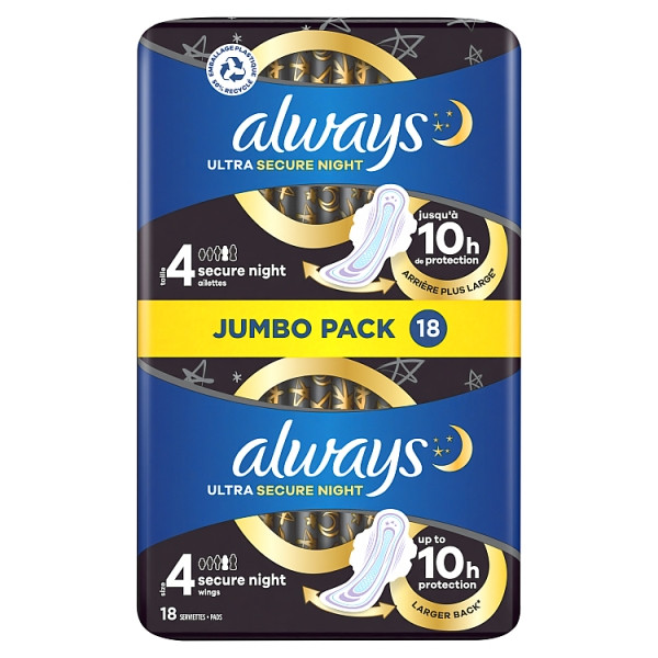 Always Ultra Secure Night Maandverband Maat 4 Jumbo Pack  (18 stuks)  SAL01168 - 1