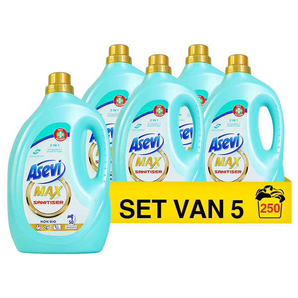Asevi Aanbieding: 	Asevi vloeibaar wasmiddel Max Sanitiser 2500 ml (5 flessen - 250 wasbeurten)  SAE00068 - 1