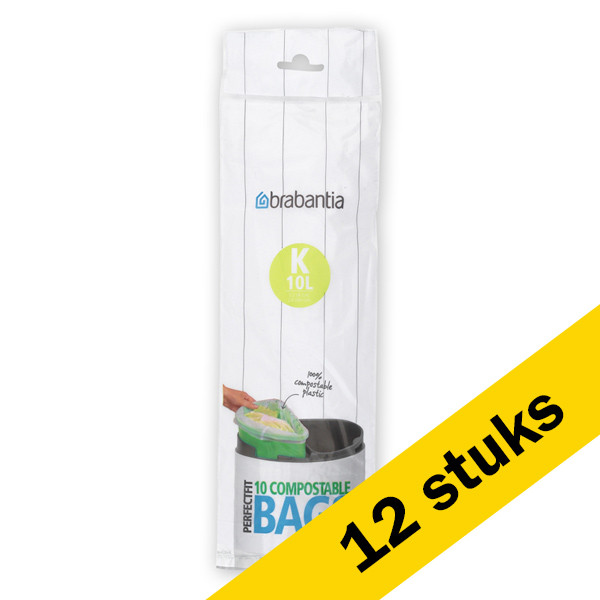 Brabantia Aanbieding: 12x Vuilniszakken met trekband 10 liter | Brabantia Code K composteerbaar | 10 stuks  SBR00136 - 1