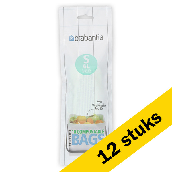 Brabantia Aanbieding: 12x Vuilniszakken met trekband 6 liter | Brabantia Code S composteerbaar | 10 stuks  SBR00148 - 1