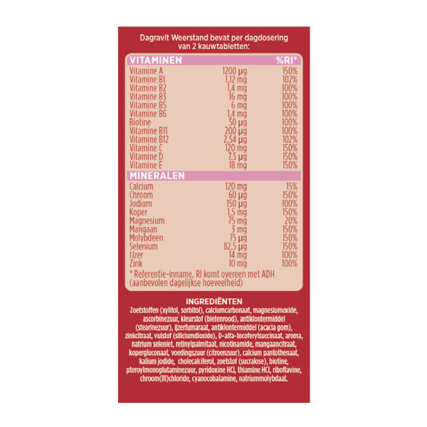 Dagravit Multivitaminen Weerstand Suikervrije Kauwtabletten (60 stuks) SDA00058 - 6
