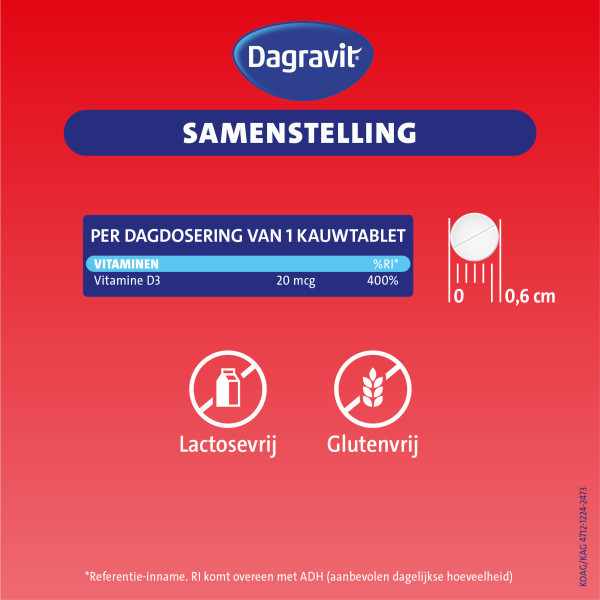 Dagravit Vitamine D3 20 mcg Kauwtabletten Hooggedoseerd (60 stuks) SDA00059 - 5