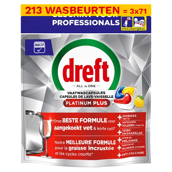 Aanbieding: Dreft Professional All-in-One Platinum Plus Lemon Vaatwastabletten (3 zakken - 213 vaatwasbeurten) SDR08736 - 1