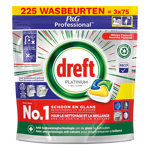 Dreft Professional Aanbieding: Dreft Professional All-in-One Platinum Vaatwastabletten Lemon (3 zakken - 225 vaatwasbeurten)  SDR06144 - 1