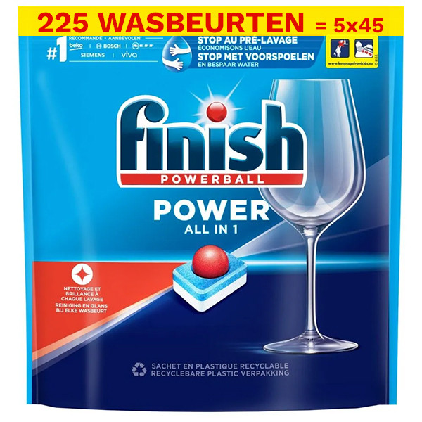 Finish Aanbieding: Finish Power Vaatwastabletten Regular (5 zakken - 225 vaatwasbeurten)  SFI01125 - 1