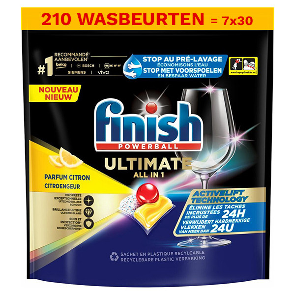 Finish Aanbieding: Finish Powerball Ultimate All-In-1 Vaatwastabletten Lemon (7 zakken - 210 vaatwasbeurten)  SFI01064 - 1