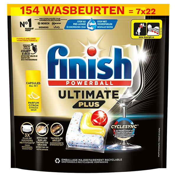 Finish Aanbieding: Finish Ultimate Plus Vaatwastabletten Lemon (7 zakken - 154 vaatwasbeurten)  SFI01151 - 1