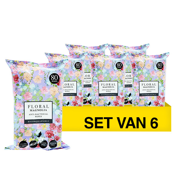 Aanbieding: Floral Antibacteriële Doekjes Magnolia (6 stuks - 80 doekjes) SFL00091 - 1