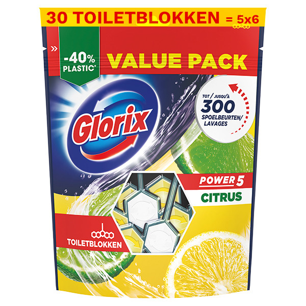 Glorix Aanbieding: Glorix Power 5 Citrus Toiletblok  (6 verpakkingen - 5 toiletblokken)  SGL00073 - 1