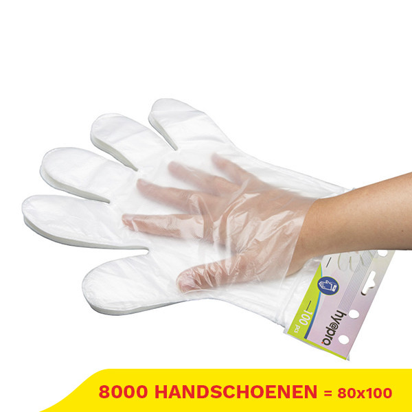 Aanbieding: HDPE Handschoenen Transparant Afscheurbaar (80 verpakkingen à 100 stuks, 1,10 gram, 26 cm) SHY00281 Aanbieding: HDPE Handschoenen Transparant Afscheurbaar (80 verpakkingen à 100 stuks, 1,10 gram, 26 cm) SHY00281 - 1