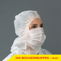Aanbieding: Non-woven beschermkap met mondmasker 2-laags (10 verpakkingen à 50 stuks) SHY00449