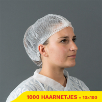 Aanbieding: Non-woven haarnetjes wit met clip en elastiek (10 zakjes à 100 stuks – 53,5 cm) SHY00363