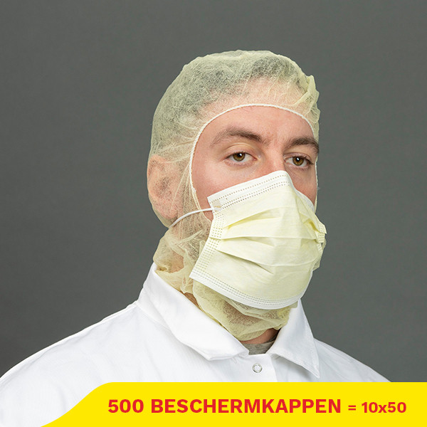 Aanbieding: Non Woven Beschermkap Met Mondmasker 2-laags (10 zakken à 50 stuks) SHY00457 - 1