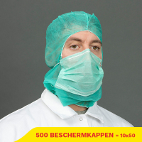 Aanbieding: Non Woven Beschermkap Met Mondmasker 2-laags (10 zakken à 50 stuks)