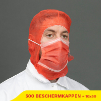 Aanbieding: Non Woven Beschermkap Met Mondmasker 2-laags (10 zakken à 50 stuks)