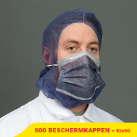 Aanbieding: Non Woven Beschermkap Met Mondmasker 2-laags (10 zakken à 50 stuks)