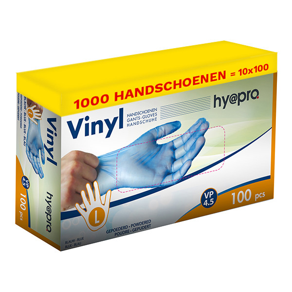 HY@PRO Aanbieding: Vinyl handschoenen maat L Gepoederd (10 dispenserdozen à 100 stuks 4,5 gram, 24 cm)  SHY00241 - 1