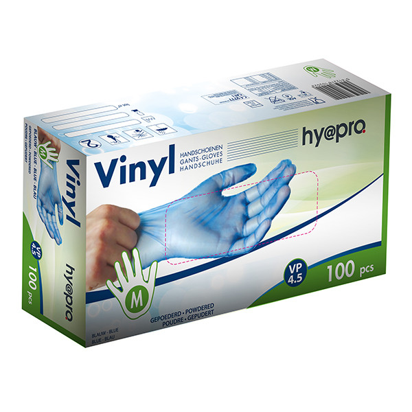 HY@PRO Vinyl handschoenen maat M Gepoederd (dispenserdoosje, blauw, 4,5 gram, 24 cm, 100 stuks)  SHY00238 - 1