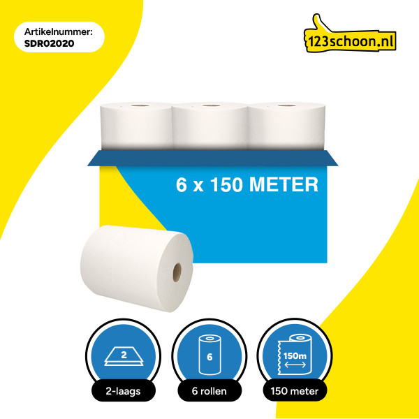 Handdoekrol 2-laags | 6 x 150m | 123schoon huismerk | Geschikt voor Tork H1 dispenser SDR02020 - 3