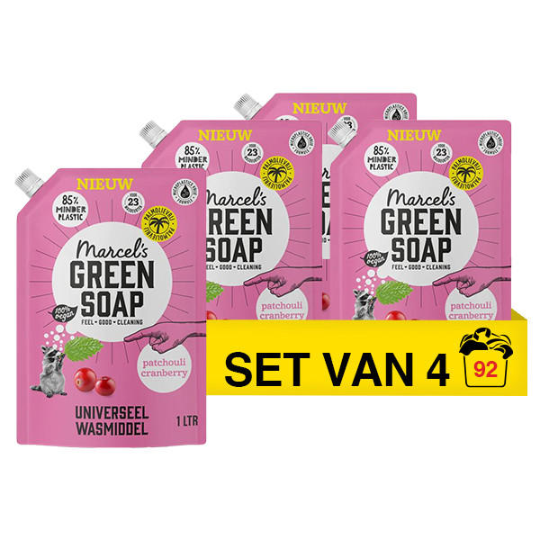 Marcel's Green Soap Aanbieding: Marcel's Green Soap Vloeibaar Wasmiddel Navulling Patchouli & Cranberry 1 Liter (4 pakken - 92 wasbeurten)  SMA00274 - 1