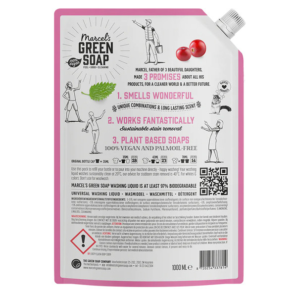 Marcel's Green Soap Vloeibaar Wasmiddel Patchouli & Cranberry navulling 1 Liter (23 wasbeurten)  SMA00273 - 3