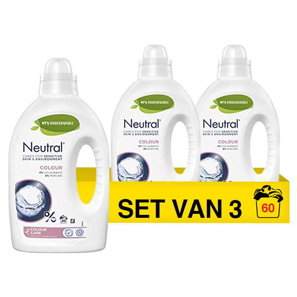 Raad eens Eerlijk Attent Aanbieding: Neutral vloeibaar wasmiddel color 1 liter (3 flessen - 60  wasbeurten) Neutral 123schoon.nl