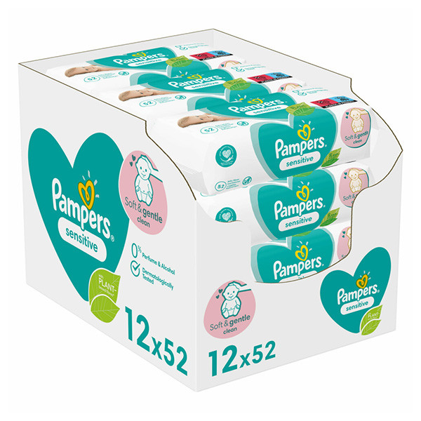 Aanbieding: Pampers billendoekjes Sensitive 12 x 52 stuks (624 Pampers 123schoon.nl