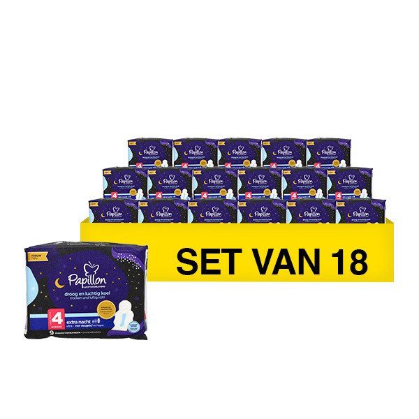 Papillon Aanbieding: Papillon Maandverband Extra Nacht Ultra Met Vleugeltjes Maat 4 (18 verpakkingen - 162 stuks)  SPA04211 - 1