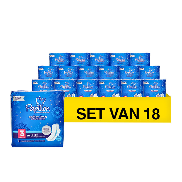 Papillon Aanbieding: Papillon Maandverband Nacht Maxi Met Vleugeltjes Maat 3 (18 verpakking - 144 stuks)  SPA04203 - 1