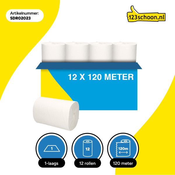 Poetspapier 1-laags | 12 x 120m | 123schoon huismerk | Geschikt voor Tork M1 dispenser SDR02023 - 3