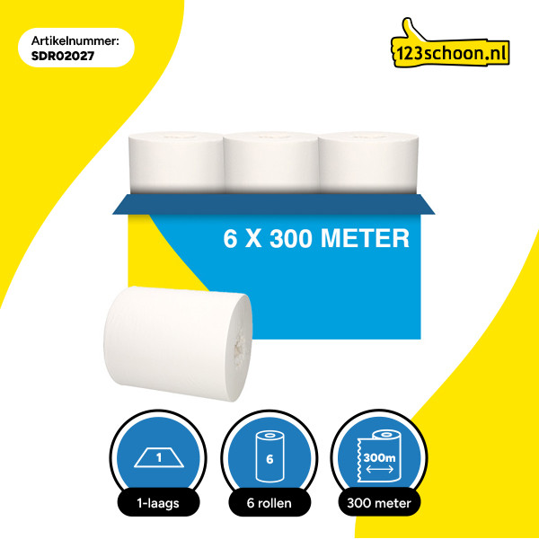 Poetspapier 1-laags | 6 x 300m | 123schoon huismerk | Geschikt voor Tork M2 dispenser SDR02027 - 1