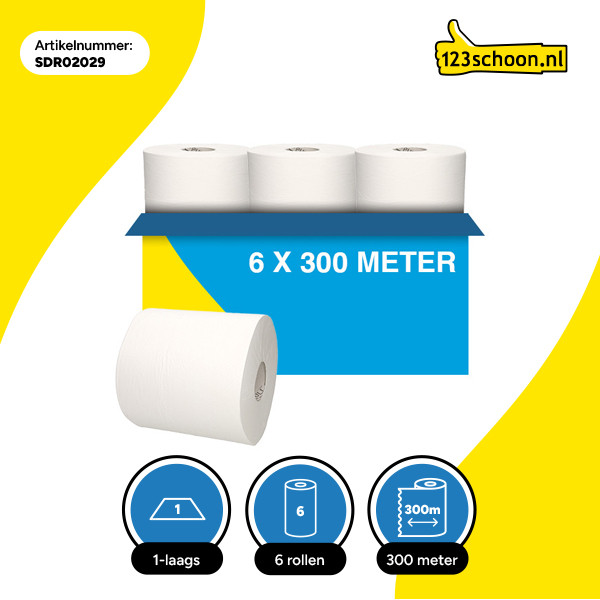 Poetspapier 1-laags | 6 x 300m | 123schoon huismerk | Geschikt voor Tork M2 dispenser SDR02029 - 3
