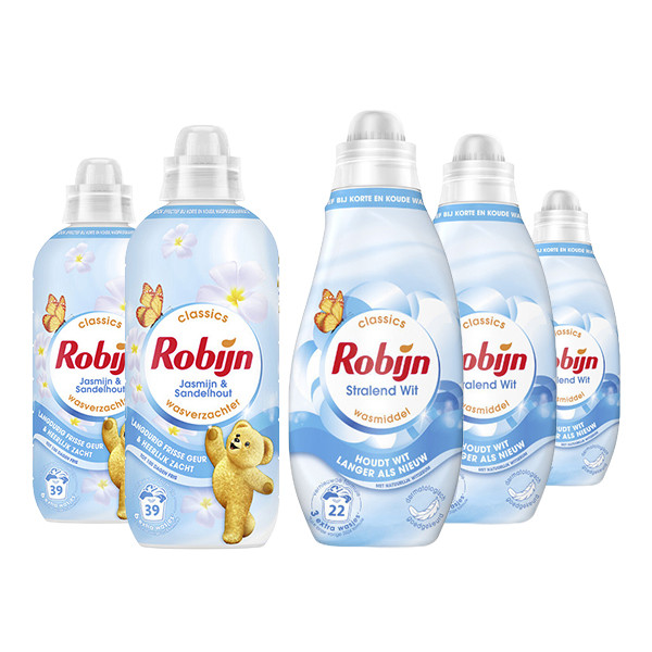 Aanbieding: Robijn Perfect Match Wasmiddel & Wasverzachter Stralend Wit Jasmijn en Sandelhout (5 flessen - 66 wasbeurten) SRO05466 - 1