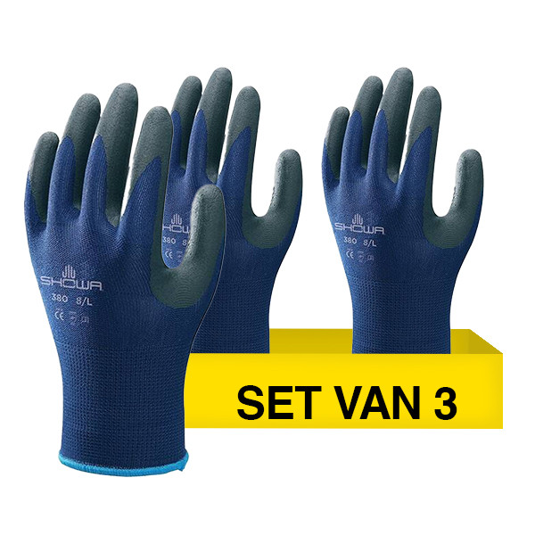 Aanbieding: Showa Werkhandschoen 380 maat L | Blauw/Zwart | 3 paar | Nitril SSH00146 - 1