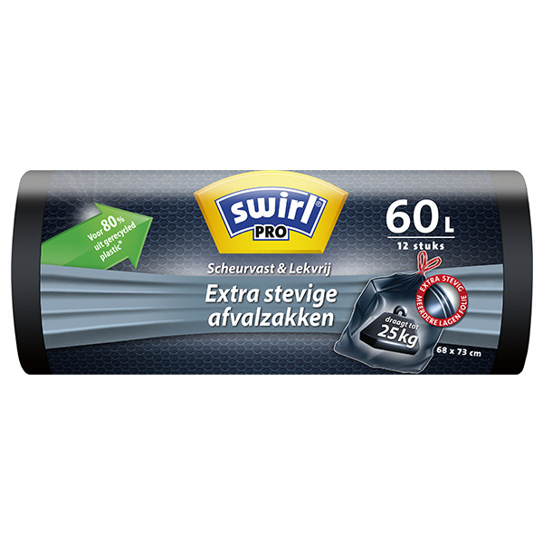 Swirl Vuilniszakken met trekband 60 liter | Extra sterk | 12 stuks | Swirl Pro  SSW00102 - 1