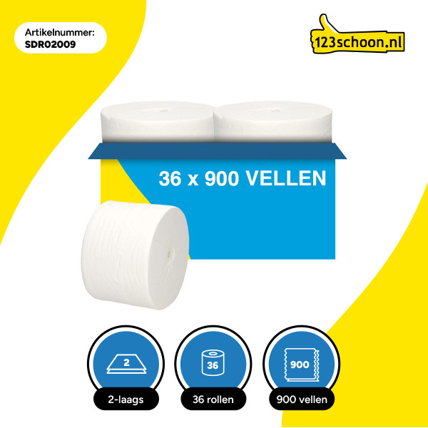 Toiletpapier 2-laags | 36 rollen - 900 vel per rol | 123schoon huismerk | Geschikt voor Tork T7 dispenser SDR02009 - 3