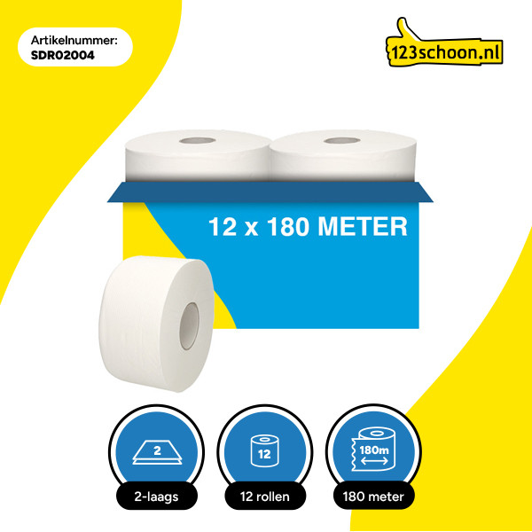 Toiletpapier Mini Jumbo 2-laags | 12 rollen | 123schoon huismerk | Geschikt voor Tork T2 dispenser SDR02004 - 3