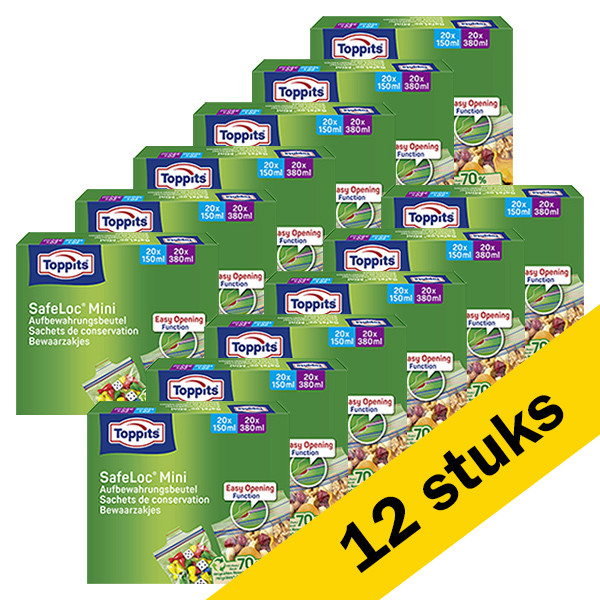 Toppits Aanbieding: Toppits Safeloc Mini Zip-Zakjes | 150 ml + 380 ml | 20 + 20 zakjes (12 verpakkingen)  STO05011 - 1