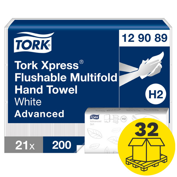 Palletvoordeel: Doorspoelbare handdoeken Tork Xpress® 129089 2-laags | 672 pakken | Geschikt voor Tork H2 dispenser STO05049 Palletvoordeel: Doorspoelbare handdoeken Tork Xpress® 129089 2-laags | 672 pakken | Geschikt voor Tork H2 dispenser STO05049 - 1