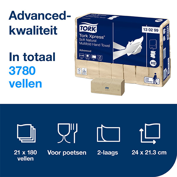 Tork Xpress® Zachte Multifold Handdoeken | 2-laags | 21 stuks | H2 | Naturel | 130299 STO05348 - 2