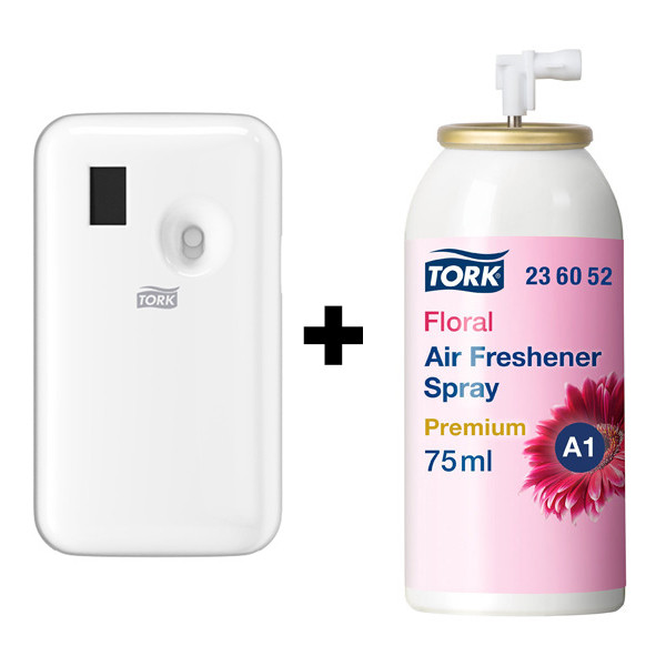 Tork bundel: Tork A1-dispenser Luchtverfrissersprays 562000 (Wit) + Tork Luchtverfrisserspray Bloemen 236052 (75 ml) STO05435 - 1