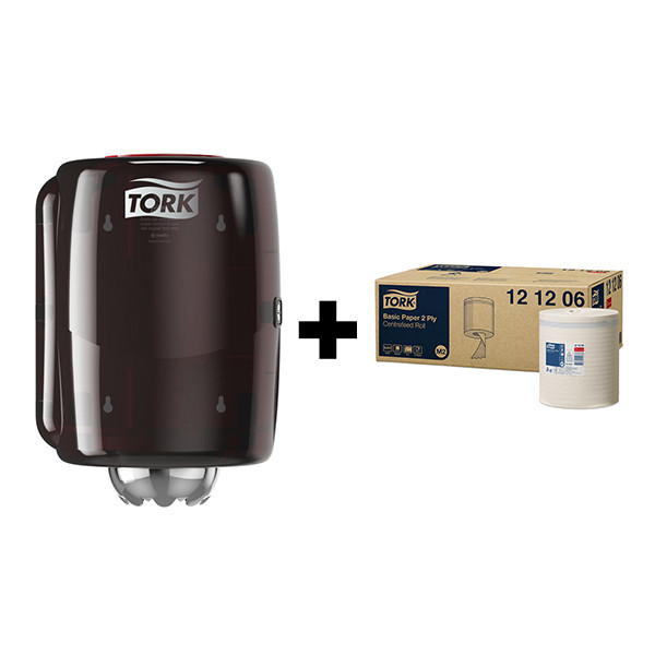 Tork bundel: Tork Centerfeed M2-dispenser 659008 (Zwart/Rood) + Tork Basic ​​​​​​​Poetspapier 121206 (2-laags) STO05457 - 1