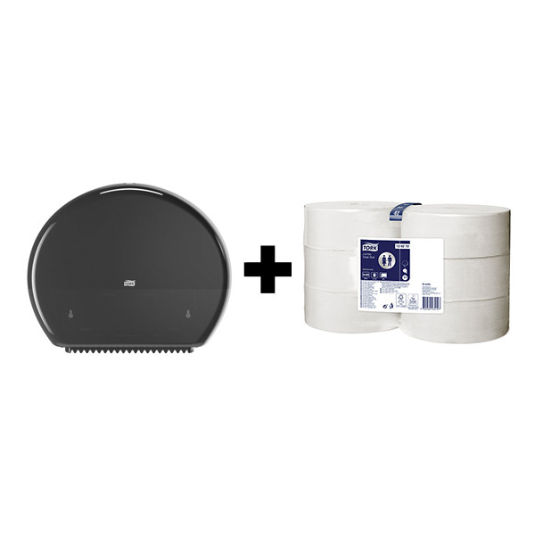 Tork bundel: Tork Jumbo T1-dispenser 554008 (Zwart) + Tork Jumbo Toiletpapier 120272 (2-laags) STO05441 - 1