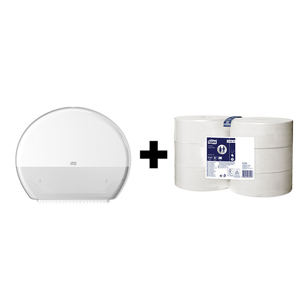 Tork bundel: Tork Jumbo T1-dispenser 554000 (Wit) + Tork Jumbo Toiletpapier 120272 (2-laags) STO05440 - 1