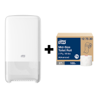 Tork bundel: Tork Midi T6-dispenser 557500 (Wit) + Tork Midi Toiletpapier Midi 127530 (2-laags) STO05445