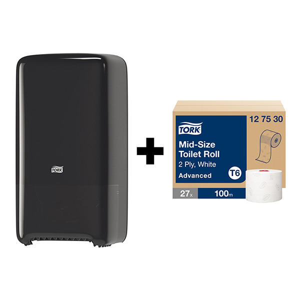 Tork bundel: Tork Midi T6-dispenser 557508 (Zwart) + Tork Midi Toiletpapier Midi 127530 (2-laags) STO05446 - 1