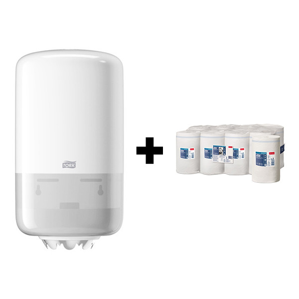Tork bundel: Tork Mini M1-dispenser Centerfeed 558000 (Wit) + Tork Poetspapier Centerfeed 101221 (2-laags) STO05417 - 1