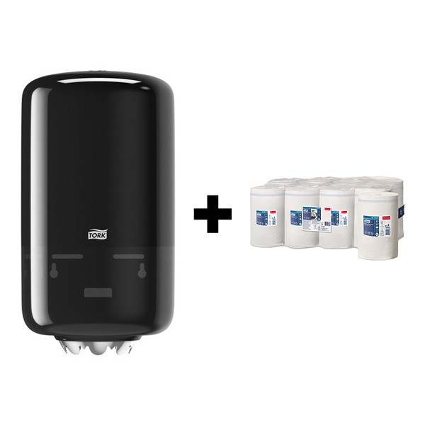 Tork bundel: Tork Mini M1-dispenser Centerfeed 558008 (Zwart) + Tork Poetspapier Centerfeed 101221 (2-laags) STO05418 - 1